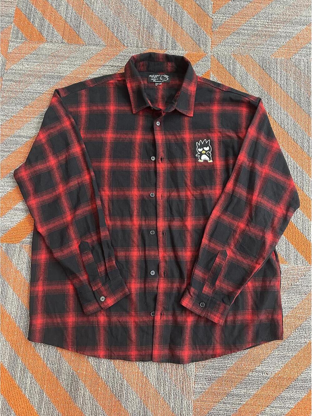 Rare Hello Kitty Friends Forever 21 Mens Plaid Flannel Shirt Badtz Maru XL